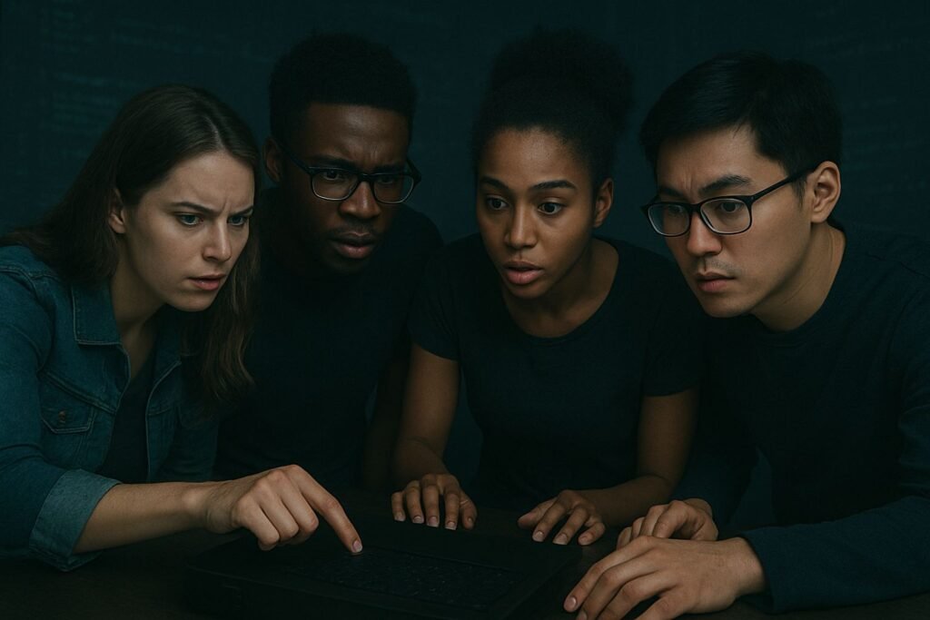 Een groep vrienden met een escape box, klaar voor een spannende escape room voor thuis.